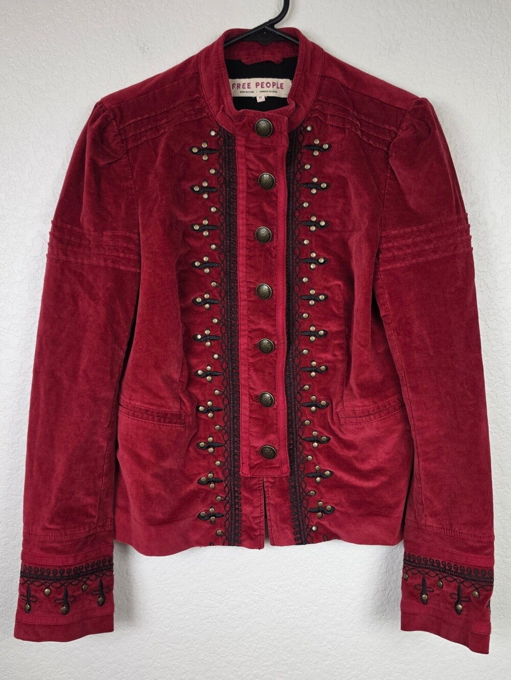 Free People $198 Military Red Velvet Velour Jacket